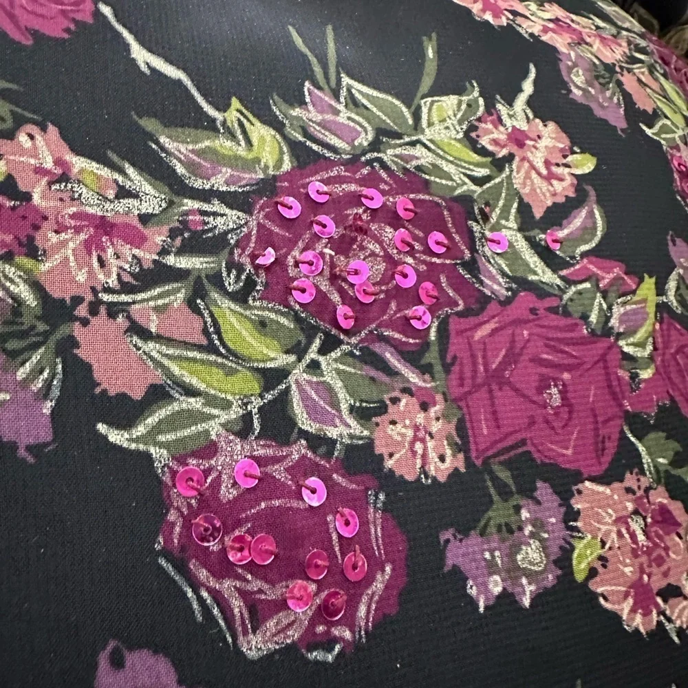 Nicole Miller Floral Beaded Sequin Black Purple Pillow Rose Crochet Fringe EUC!